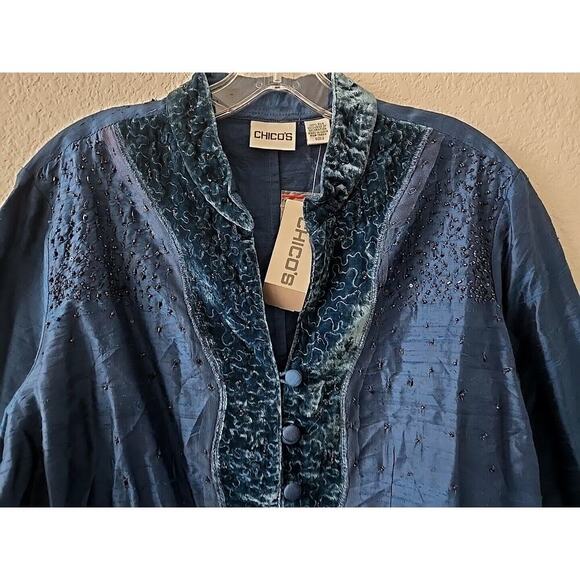 NWT Chico's Silk Jacket Blue Beaded Large 2 Velvet Trim Shimmer Special Occasion - Picture 2 of 8